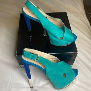 Teal blue royal blue with silver accents, peep toe size 9 1/2